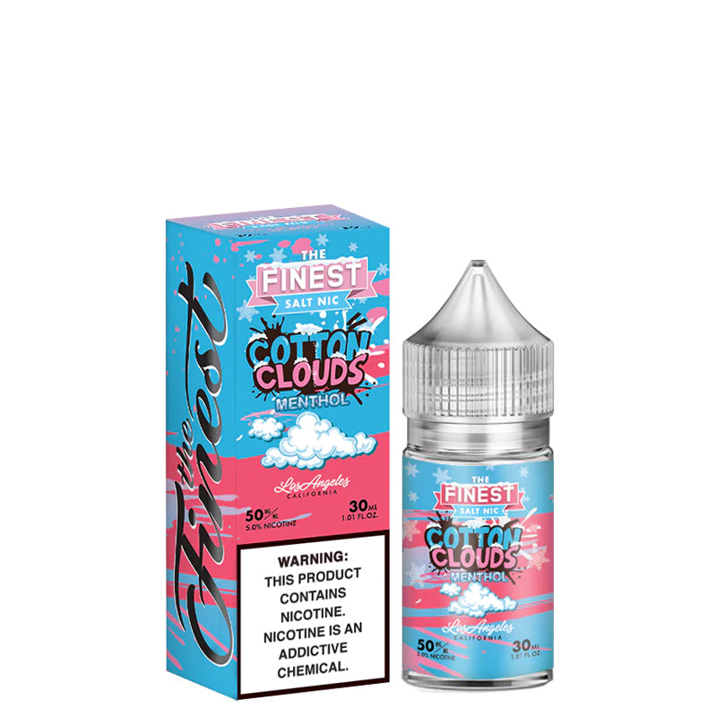 A box of Cotton Clouds Menthol Finest SaltNic Series with a warning sign and a 30ml bottle next to it - Vaper Corner