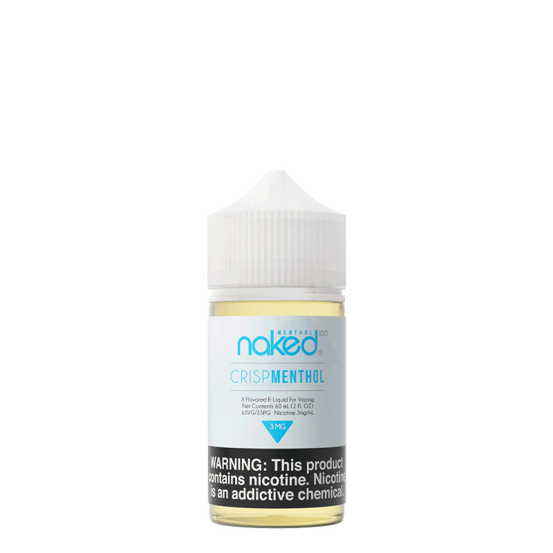 A 60ml bottle of Crisp Menthol Naked 100 Menthol with a warning sign - Vaper Corner