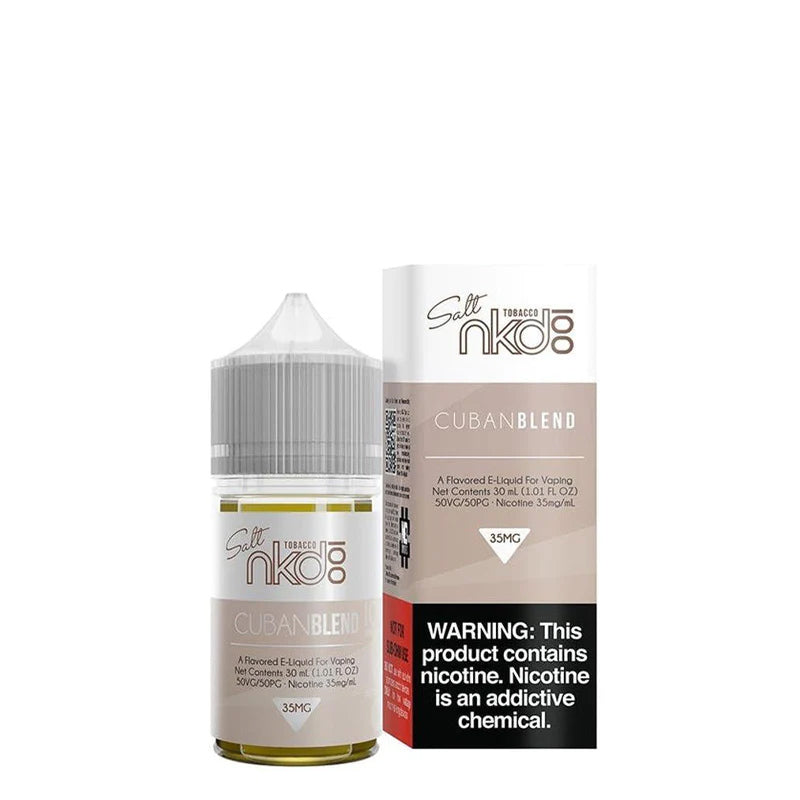 A 30ml bottle of Cuban Blend Naked 100 Salt eLiquid and a box with a warning sign next to it  - Vaper Corner