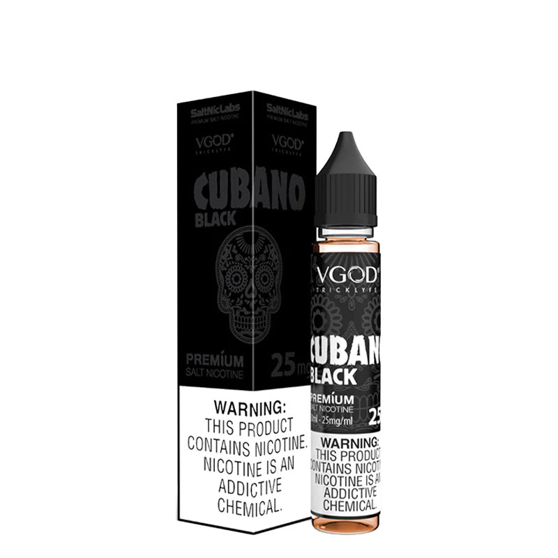 A box of Cubano Black VGOD SaltNic with a warning sign and a 30ml bottle next to it - Vaper Corner