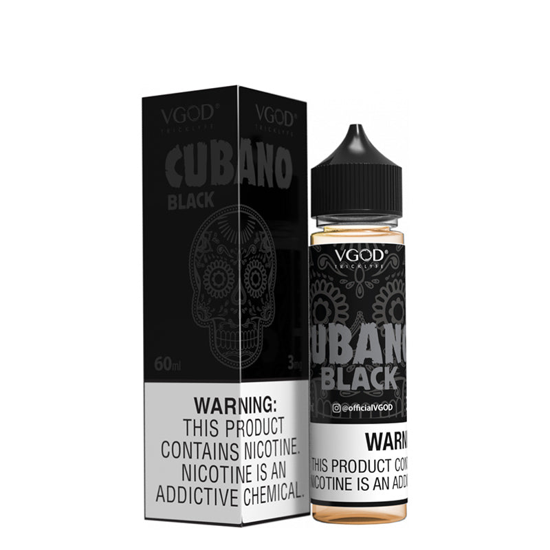 A box of Cubano Black VGOD eLiquid with a warning sign and a 60ml bottle next to it - Vaper Corner