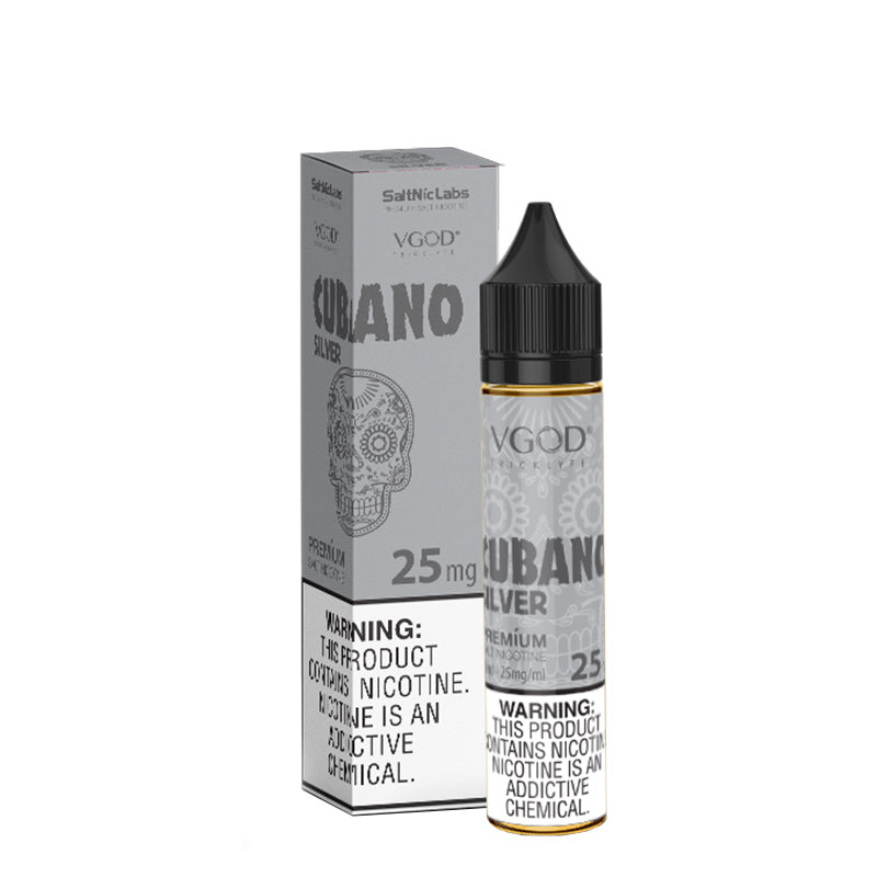 A box of Cubano Silver VGOD SaltNic with a warning sign and a 30ml bottle next to it - Vaper Corner