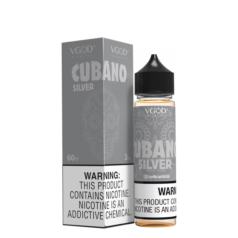 A box of Cubano Silver VGOD eLiquid with a warning sign and a 60ml bottle next to it - Vaper Corner