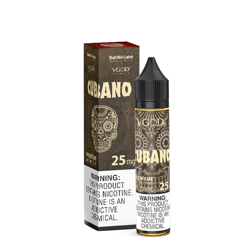 A box of Cubano VGOD SaltNic with a warning sign and a 30ml bottle next to it - Vaper Corner