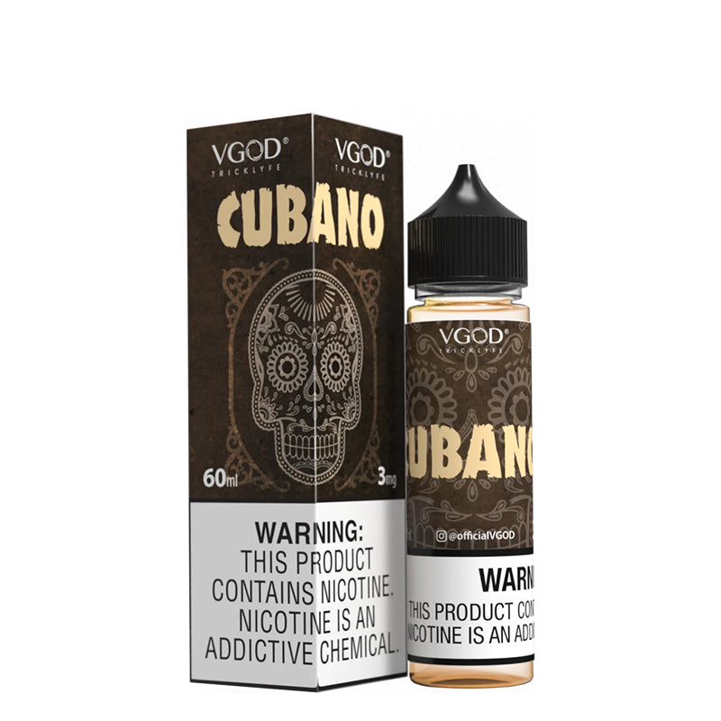 A box of Cubano VGOD eLiquid with a warning sign and a 60ml bottle next to it - Vaper Corner