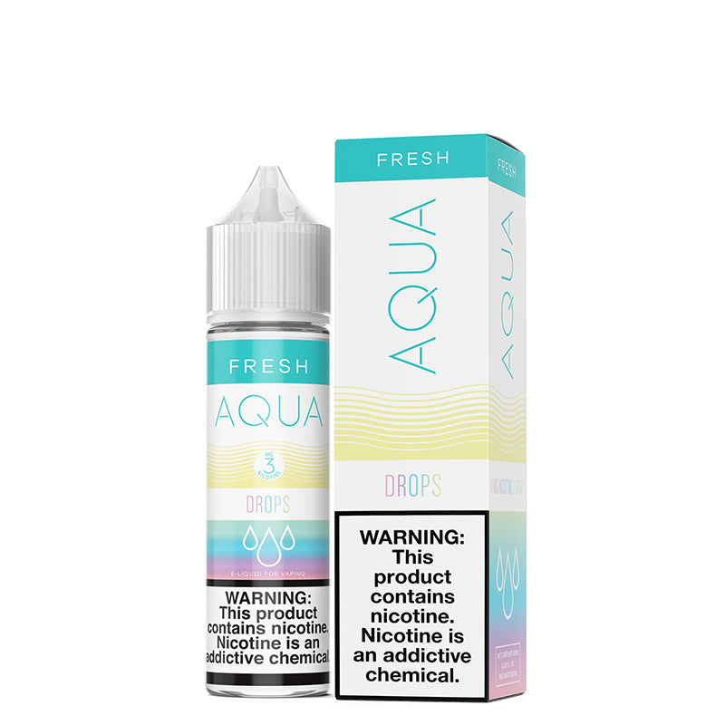 A 60ml bottle of DROPS AQUA Fresh eLiquid with a warning sign and a box next to it - Vaper Corner