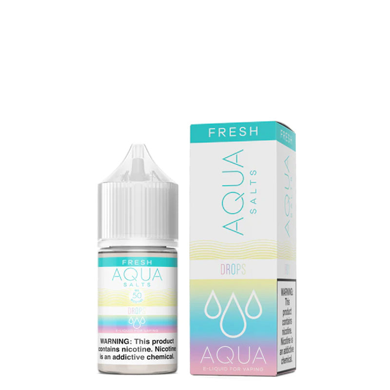 A 30ml bottle of DROPS AQUA Synthetic Salts with a warning sign and a box next to it - Vaper Corner