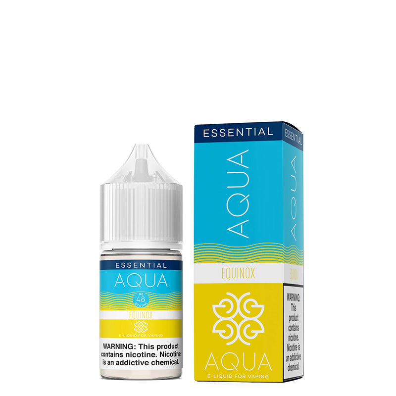 A 30ml bottle of EQUINOX AQUA Synthetic Salts with a warning sign and a box next to it - Vaper Corner