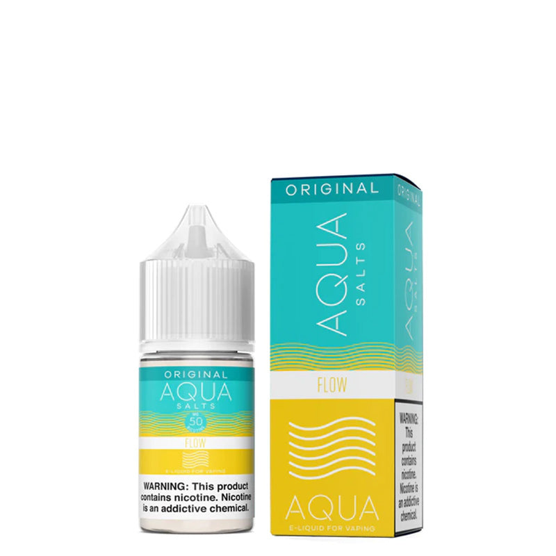 A 30ml bottle of FLOW AQUA Synthetic Salts with a warning sign and a box next to it - Vaper Corner