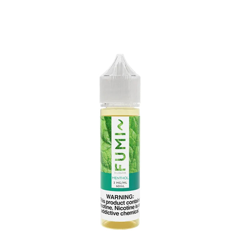 A 60ml bottle of Fumi Menthol Fumizer eLiquid with a warning sign - Vaper Corner