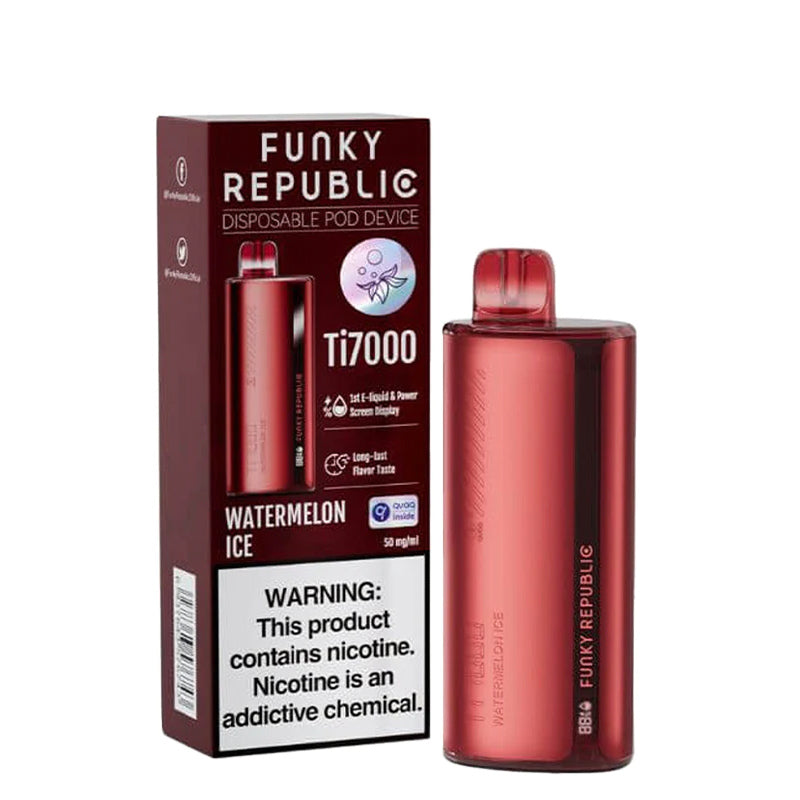 A box of Watermelon Ice Funky Republic Ti7000 Disposable with a warning sign and a disposable next to it - Vaper Corner