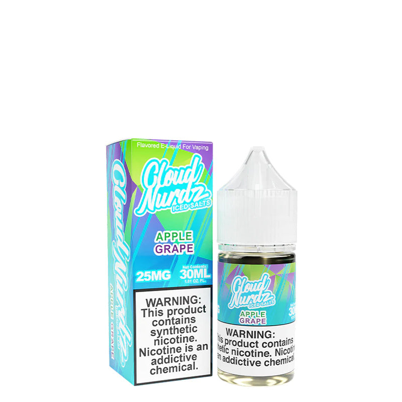 A box of Grape Apple ICED TFN Salts Cloud Nurdz with a warning sign and a 30ml bottle next to it - Vaper Corner