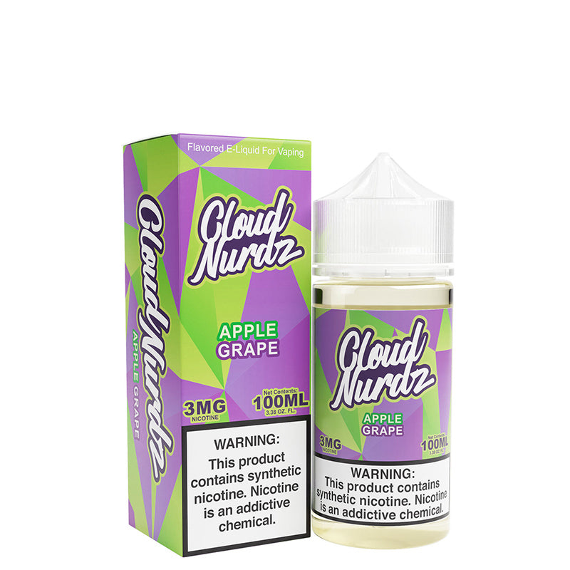 A box of Grape Apple TFN Cloud Nurdz with a warning sign and a 100ml bottle next to it - Vaper Corner