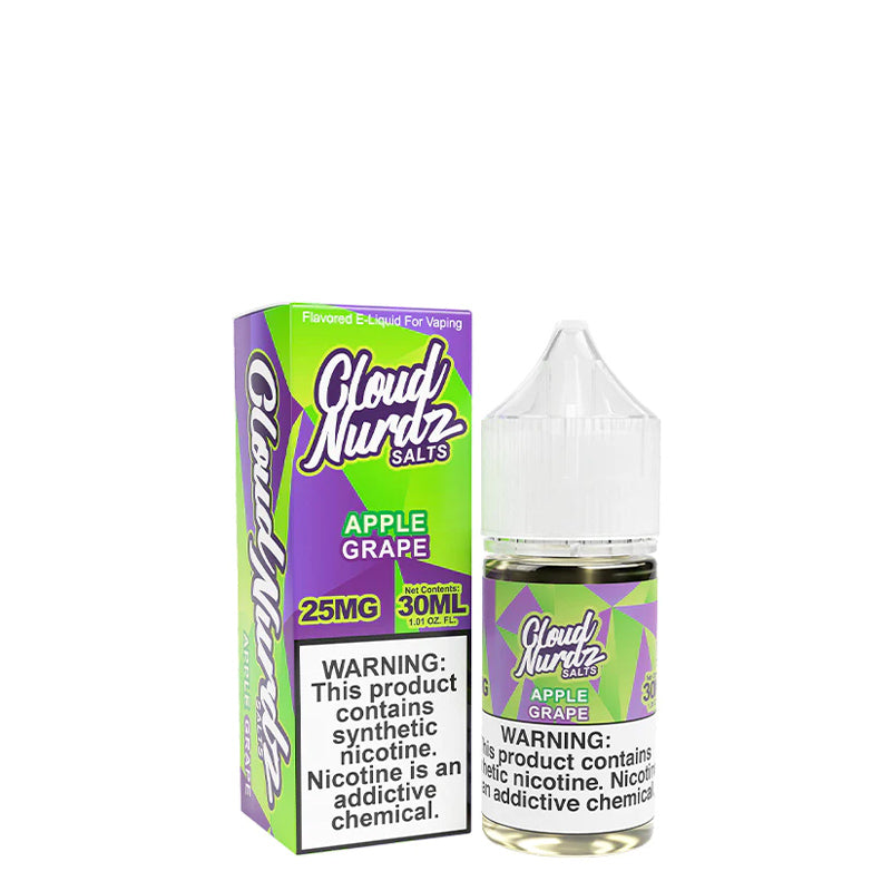 A box of Grape Apple TFN Salts Cloud Nurdz with a warning sign and a 30ml bottle next to it - Vaper Corner