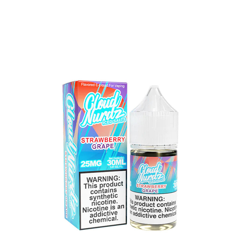 A box of Grape Strawberry ICED TFN Salts Cloud Nurdz with a warning sign and a 30ml bottle next to it - Vaper Corner