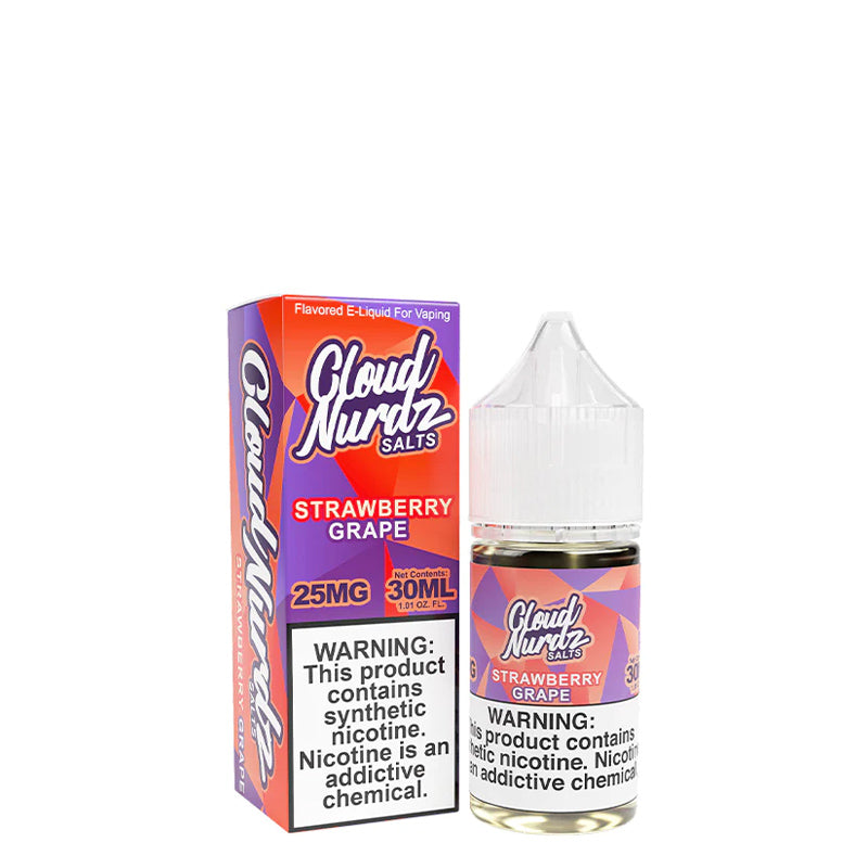 A box of Grape Strawberry TFN Salts Cloud Nurdz with a warning sign and a 30ml bottle next to it - Vaper Corner