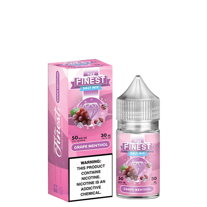 A box of Grape Menthol Finest SaltNic Series with a warning sign and a 30ml bottle next to it - Vaper Corner