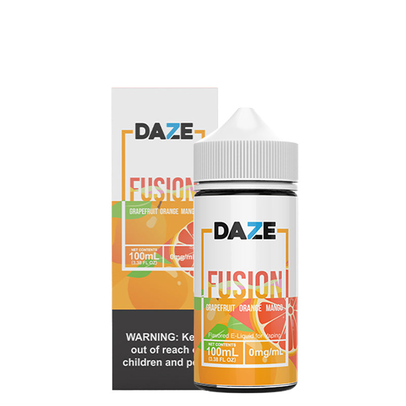 A box of Grapefruit Orange Mango 7 Daze Fusion with a warning sign and a 100ml bottle next to it - Vaper Corner