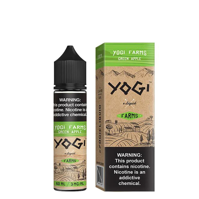 A 60ml bottle of Green Apple YOGI Farms eLiquid and a box with a warning sign next to it - Vaper Corner