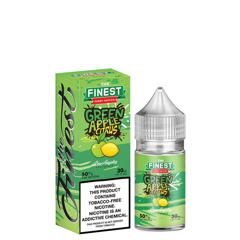 A box of Green Apple Citrus Finest SaltNic Series with a warning sign and a 30ml bottle next to it - Vaper Corner