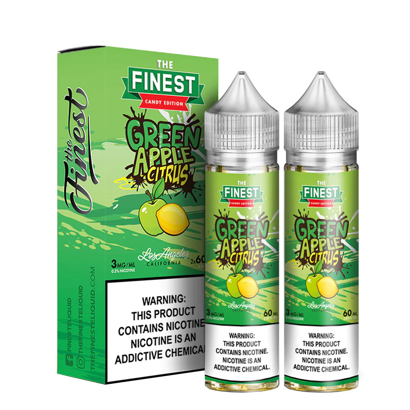 A box of Green Apple Citrus Finest Sweet & Sour with a warning sign and two 60ml bottles next to it - Vaper Corner