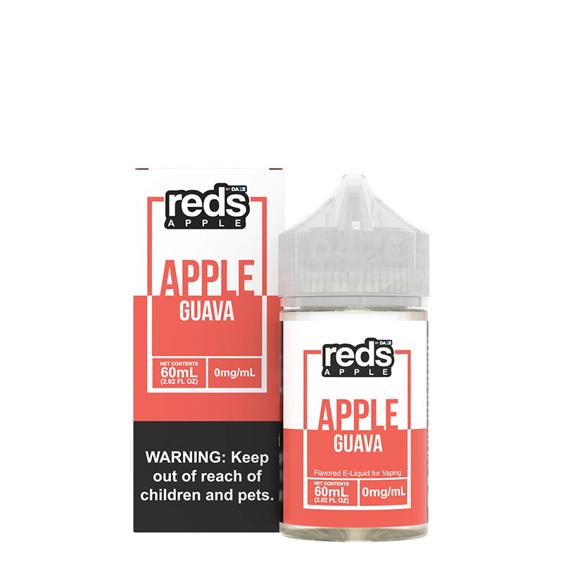 A box of Guava Reds Apple eJuice with a warning sign and a 60ml bottle next to it - Vaper Corner