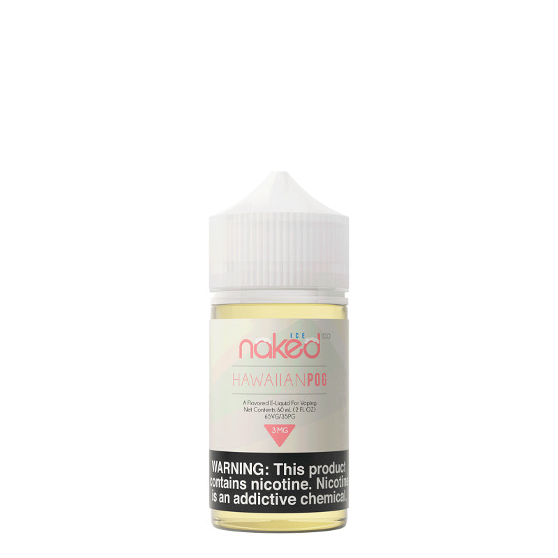 A 60ml bottle of Hawaiian POG ICE Naked 100 Ice with a warning sign - Vaper Corner