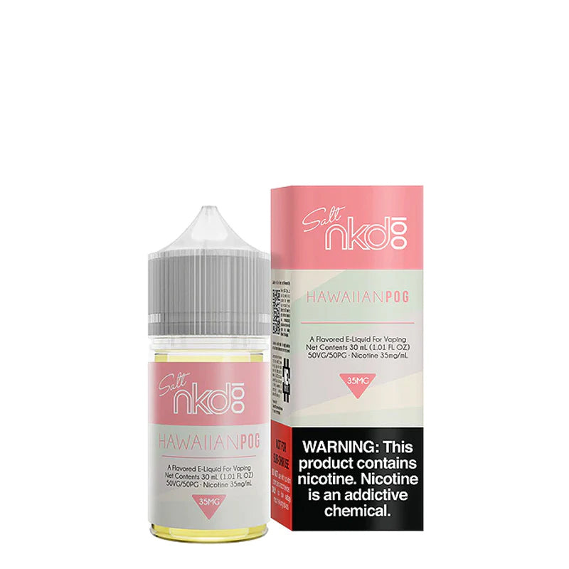 A 30ml bottle of Hawaiian POG Naked 100 Salt eLiquid and a box with a warning sign next to it  - Vaper Corner