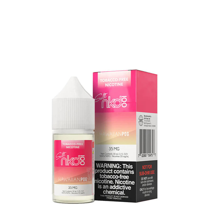 A 30ml bottle of Hawaiian POG Naked Synthetic Salt and a box with a warning sign next to it  - Vaper Corner