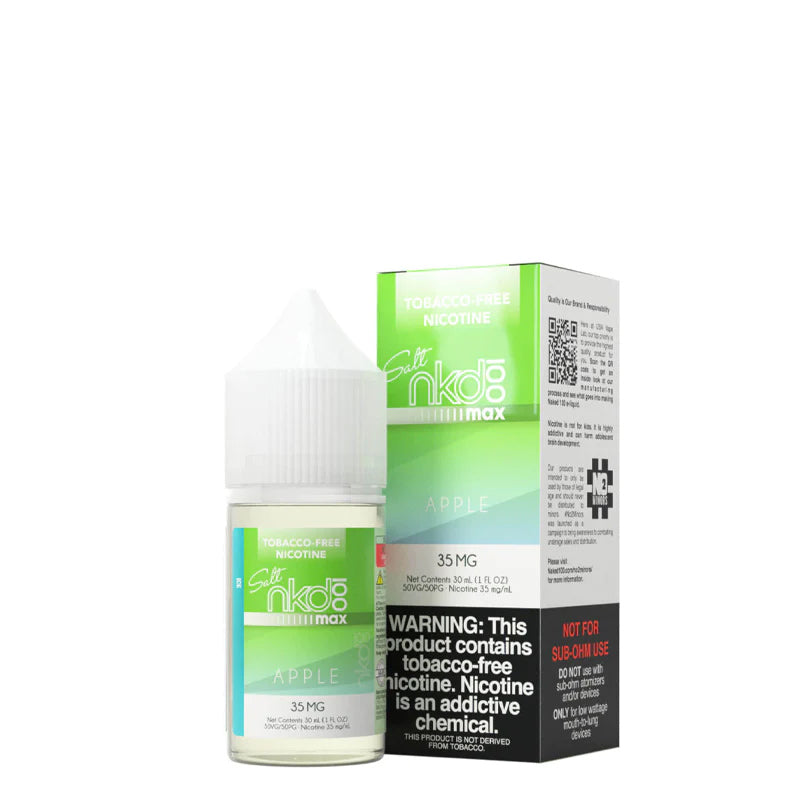 A 30ml bottle of ICE Apple Naked MAX TFN Salt and a box with a warning sign next to it  - Vaper Corner