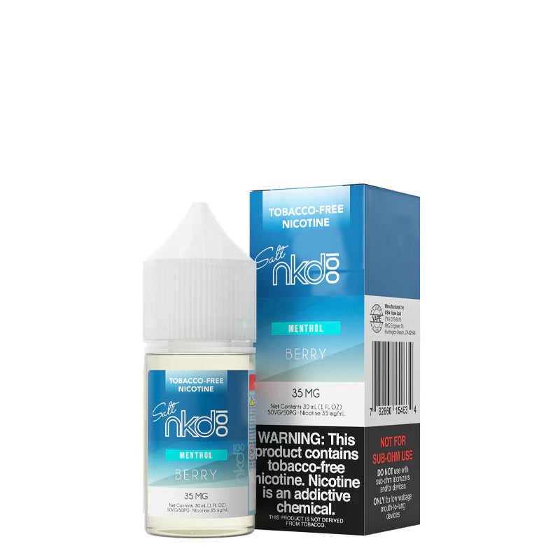 A 30ml bottle of ICE Berries Naked MAX TFN Salt and a box with a warning sign next to it  - Vaper Corner