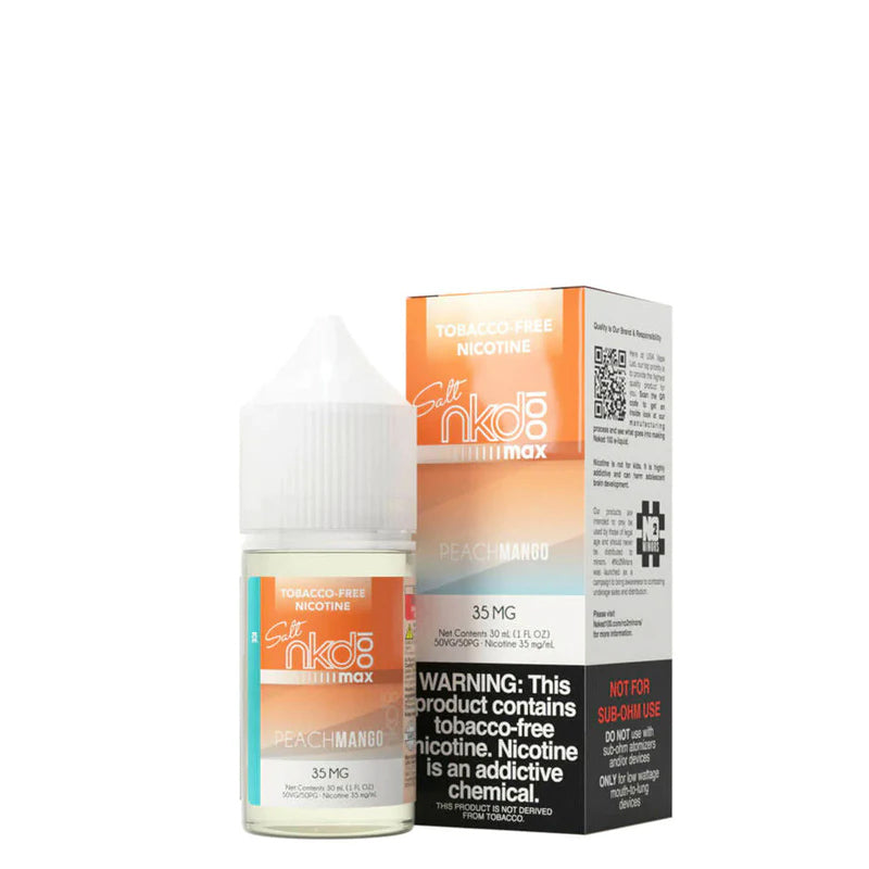 A 30ml bottle of ICE Peach Mango Naked MAX TFN Salt and a box with a warning sign next to it  - Vaper Corner