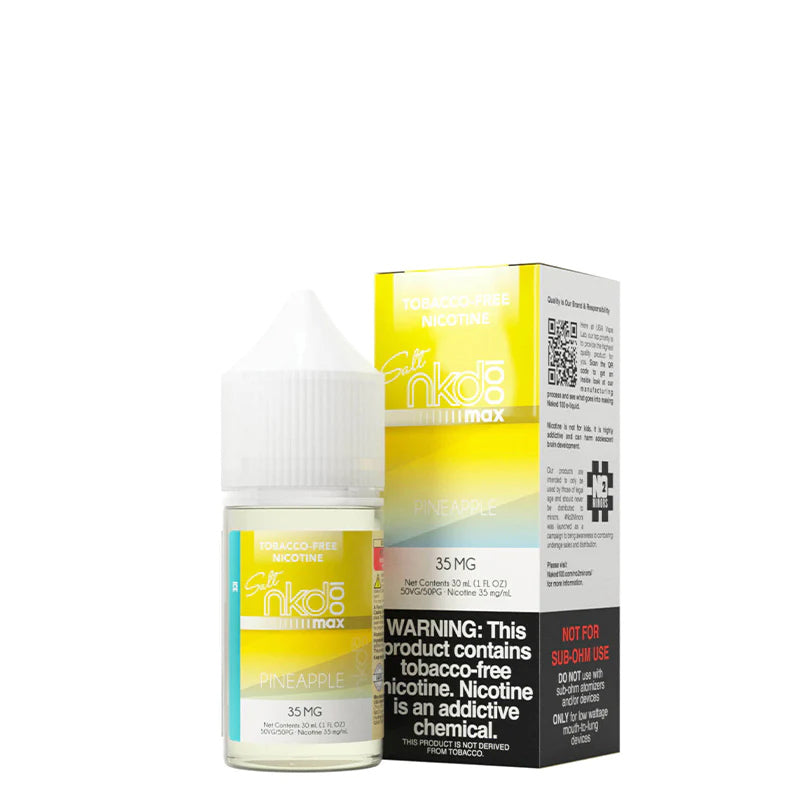 A 30ml bottle of ICE Pineapple Naked MAX TFN Salt and a box with a warning sign next to it  - Vaper Corner