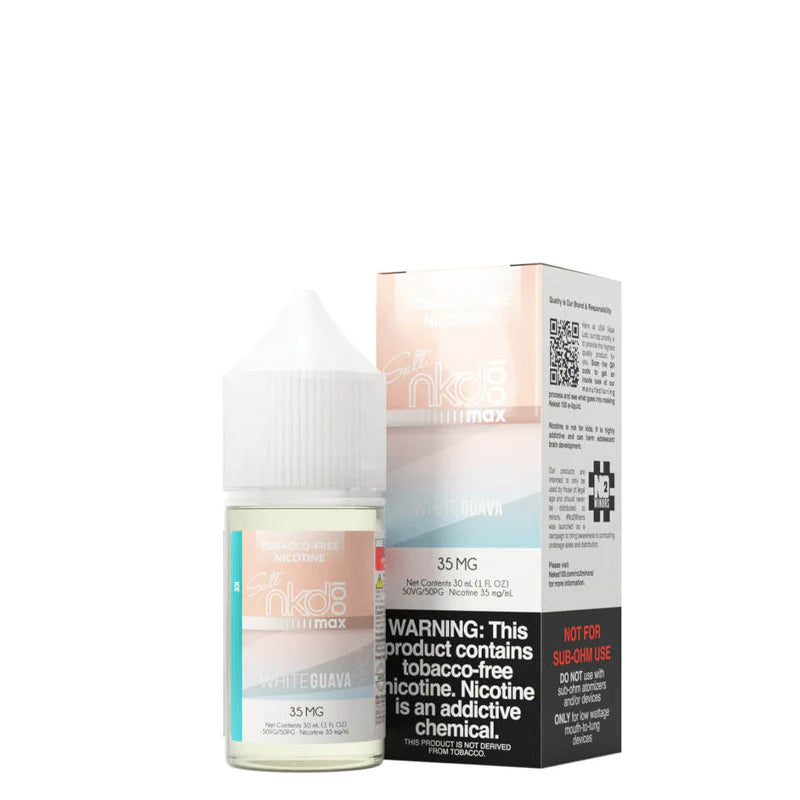 A 30ml bottle of ICE White Guava Naked MAX TFN Salt and a box with a warning sign next to it  - Vaper Corner