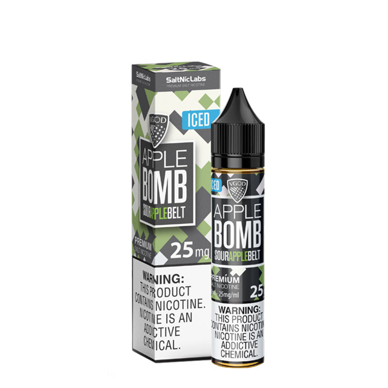 A box of ICED Apple Bomb VGOD SaltNic with a warning sign and a 30ml bottle next to it - Vaper Corner