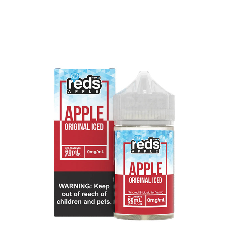 A box of ICED Apple Reds Apple eJuice with a warning sign and a 60ml bottle next to it - Vaper Corner