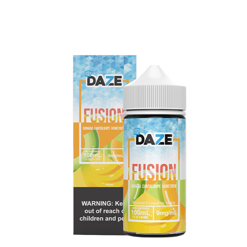 A box of ICED Banana Cantaloupe Honeydew 7 Daze Fusion with a warning sign and a 100ml bottle next to it - Vaper Corner