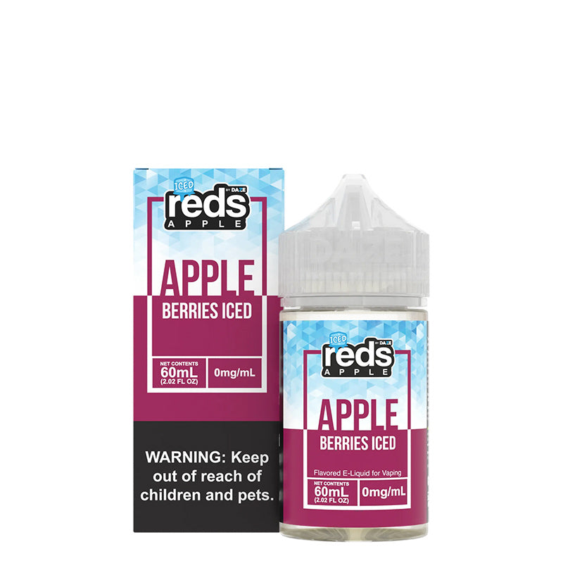 A box of ICED Berries Reds Apple eJuice with a warning sign and a 60ml bottle next to it - Vaper Corner