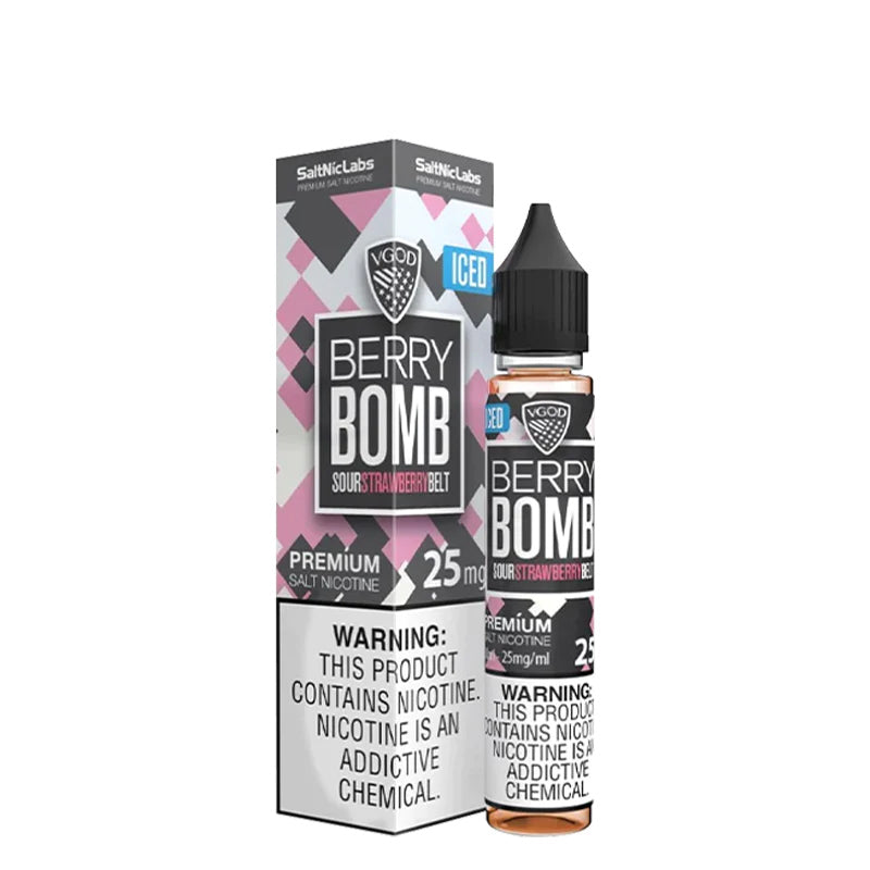 A box of ICED Berry Bomb VGOD SaltNic with a warning sign and a 30ml bottle next to it - Vaper Corner