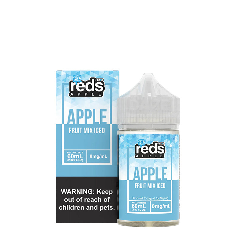 A box of ICED Fruit Mix Reds Apple eJuice with a warning sign and a 60ml bottle next to it - Vaper Corner