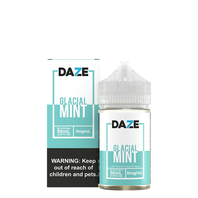 A box of ICED Glacial Mint 7 Daze TFN eLiquid with a warning sign and a 60ml bottle next to it - Vaper Corner