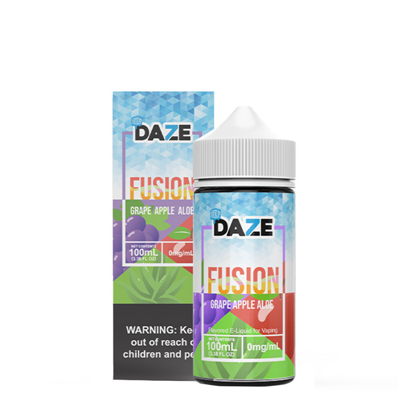 A box of ICED Grape Apple Aloe 7 Daze Fusion with a warning sign and a 100ml bottle next to it - Vaper Corner