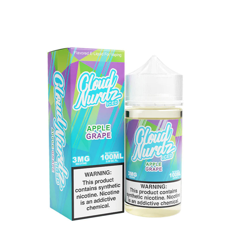 A box of Iced Grape Apple TFN Cloud Nurdz with a warning sign and a 100ml bottle next to it - Vaper Corner