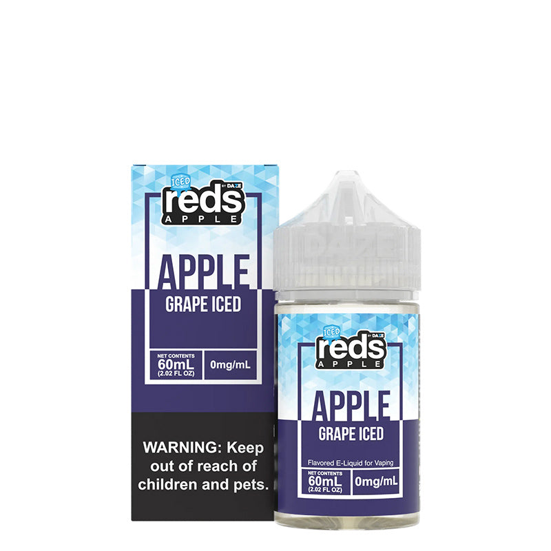 A box of ICED Grape Reds Apple eJuice with a warning sign and a 60ml bottle next to it - Vaper Corner