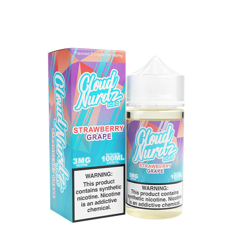 A box of Iced Grape Strawberry TFN Cloud Nurdz with a warning sign and a 100ml bottle next to it - Vaper Corner