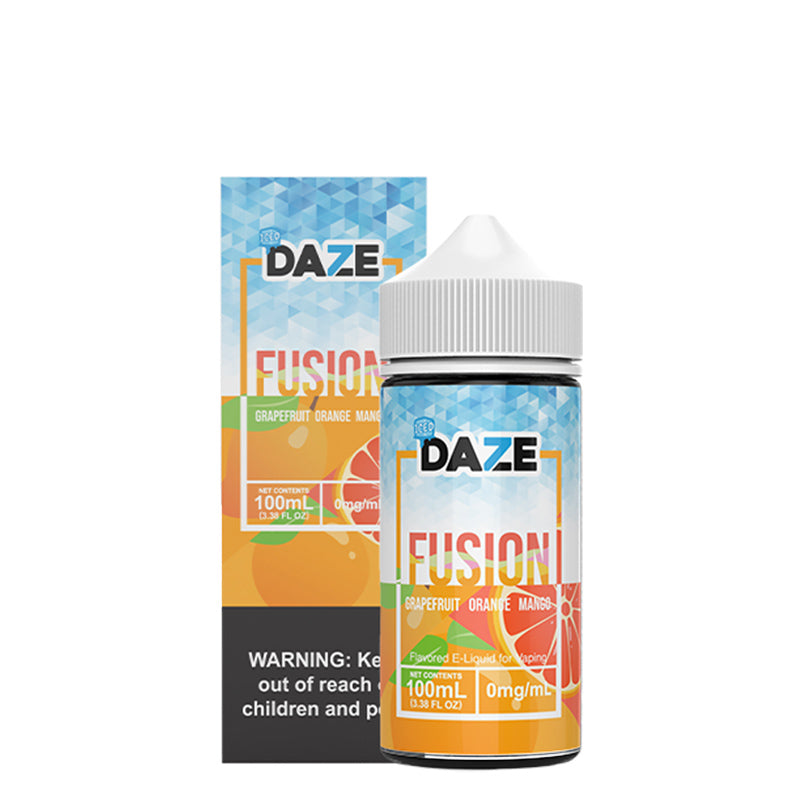 A box of ICED Grapefruit Orange Mango 7 Daze Fusion with a warning sign and a 100ml bottle next to it - Vaper Corner