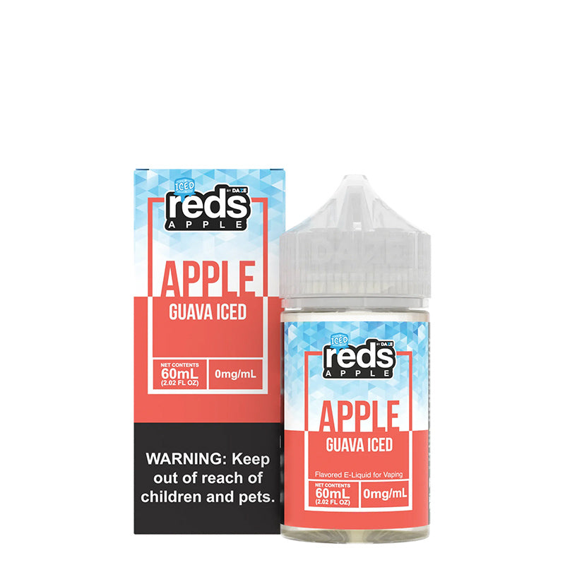 A box of ICED Guava Reds Apple eJuice with a warning sign and a 60ml bottle next to it - Vaper Corner