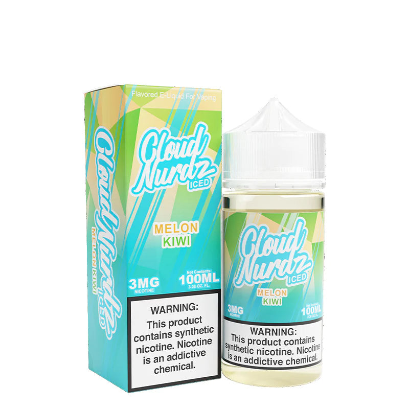 A box of Iced Kiwi Melon TFN Cloud Nurdz with a warning sign and a 100ml bottle next to it - Vaper Corner