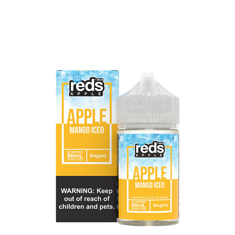 A box of ICED Mango Reds Apple eJuice with a warning sign and a 60ml bottle next to it - Vaper Corner