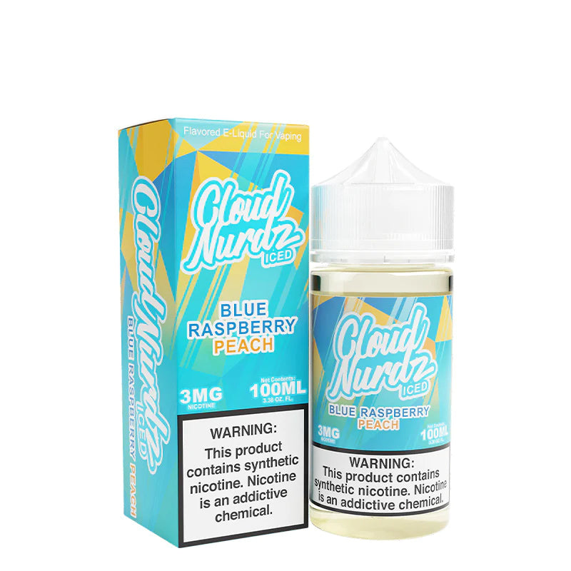 A box of Iced Peach Blue Razz TFN Cloud Nurdz with a warning sign and a 100ml bottle next to it - Vaper Corner